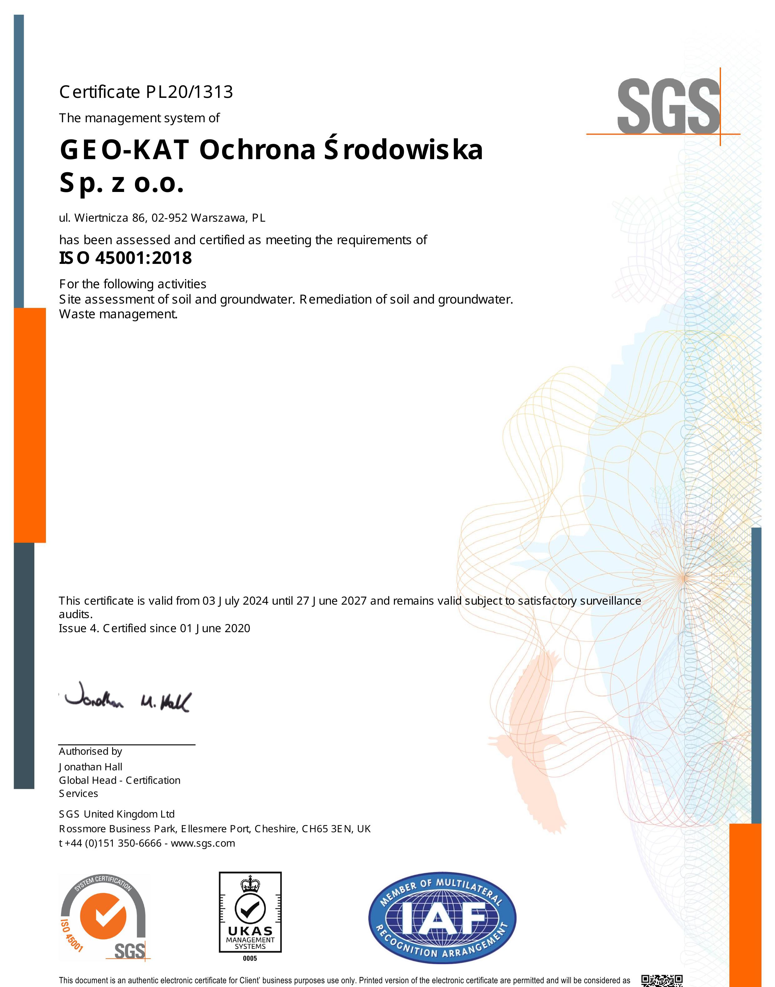 GEO-KAT Ochrona Środowiska Sp. z o.o. – ISO 45001:2018