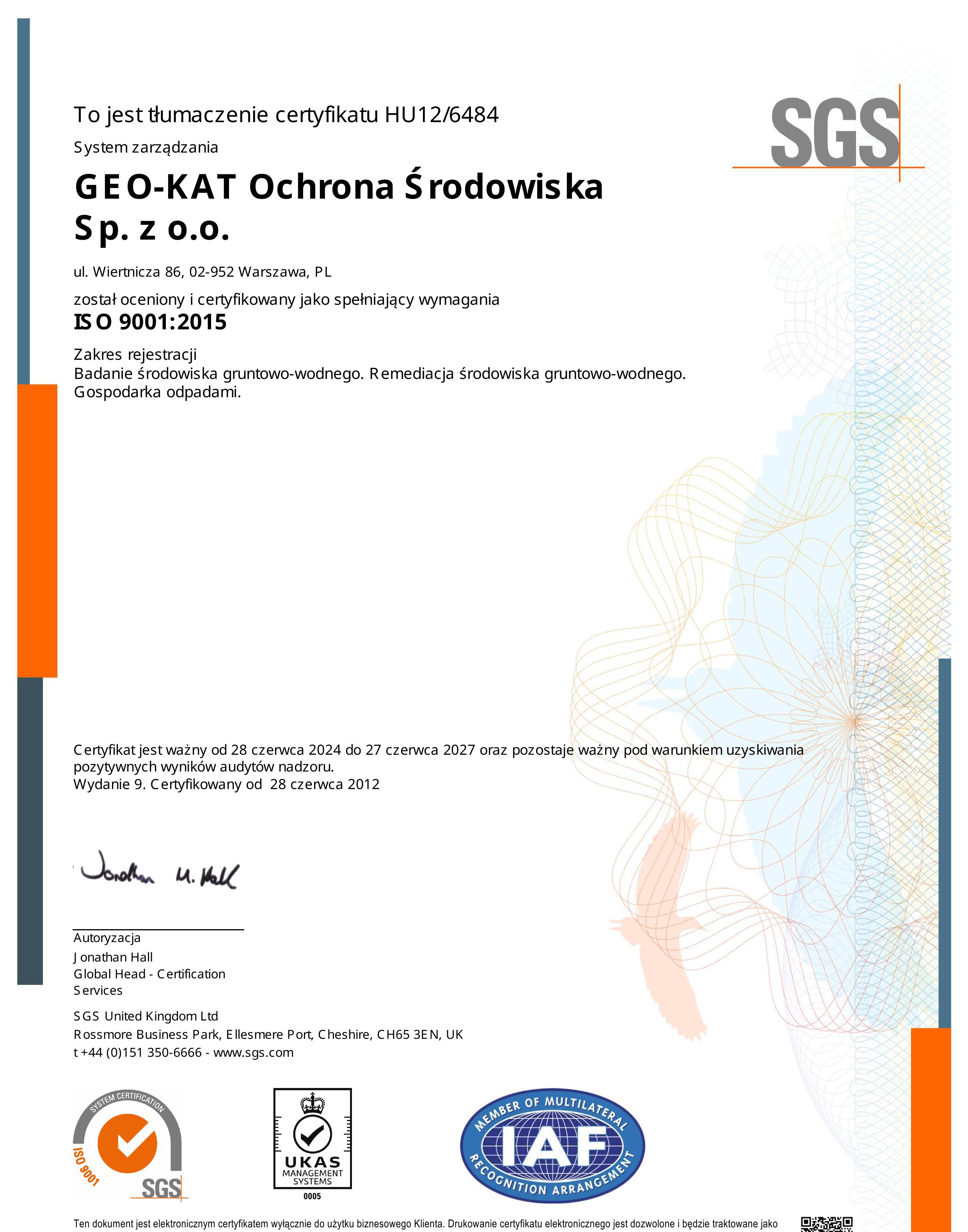 GEO-KAT Ochrona Środowiska Sp. z o.o. – ISO 9001:2015